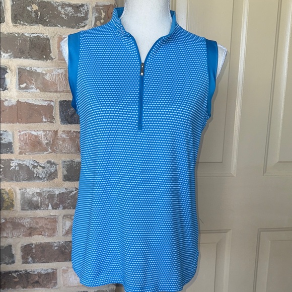Lopez Delux Dri Blue Dots Sleeveless Golf Polo Top Rhinestone Zipper Pull Sz M - Picture 3 of 15